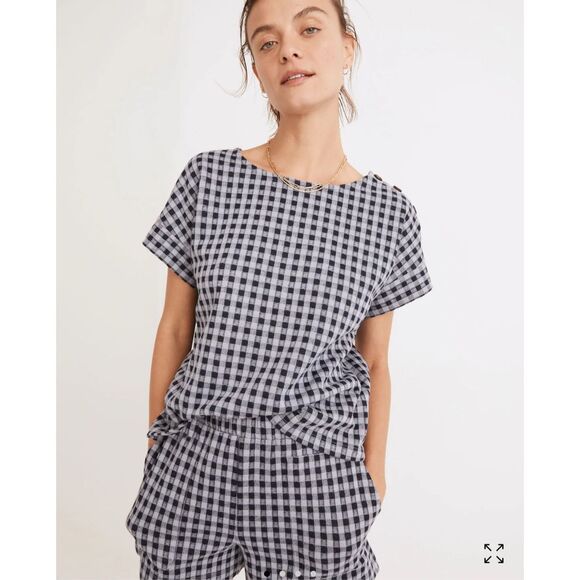 Madewell Gingham Knit Seersucker‎ Button Shoulder Top Faded Lavender Women’s XS - Picture 2 of 9